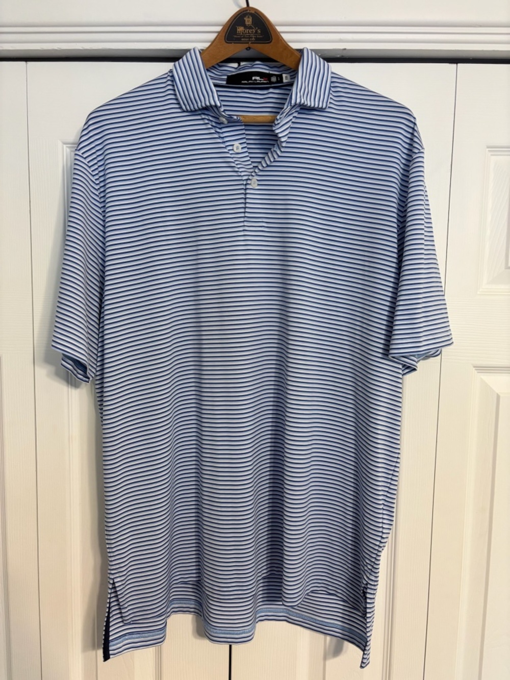 RLX Ralph Lauren Golf Polo Mens Large Blue White Striped Performance Wicking
